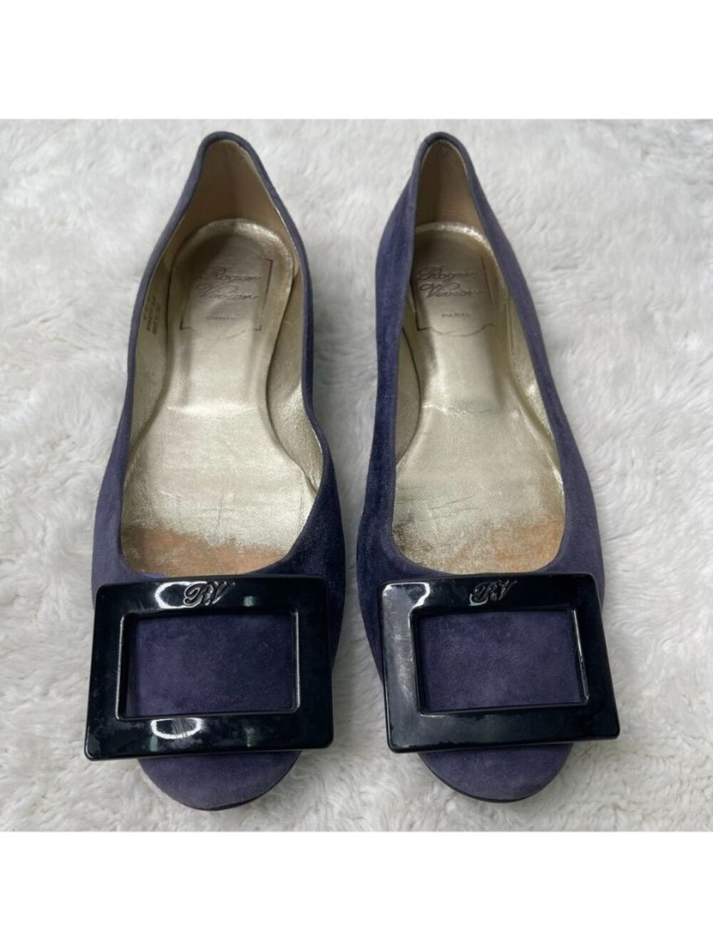 Roger Vivier Blue Suede Buckle Ballet Flats Square Toe Shoes Size 36.5 36 1/2